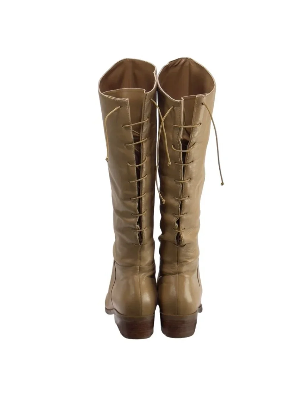 MARKON Women's Tan Leather Knee-High Boots Lace-Up Back Low Heel Size